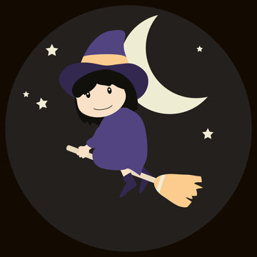 Cute witch. woman in a spooky hat flying on a broom in the night sky, vector cartoon illustration.