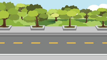 Fototapeta premium Horizontal view of Asphalt road. Background of trees on footpath and trees forest and green grass. Under the blue sky.
