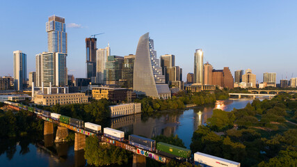 Austin Skyline with Train Going Through City 2022 Golden Hour Skyline 