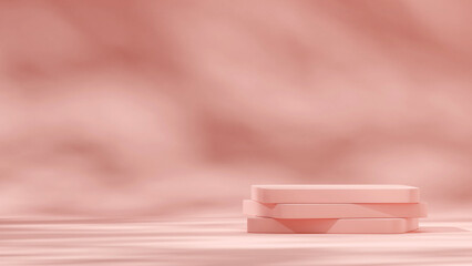Minimal 3d render scene of stack rectangular podium in landscape with pastel pink background wall
