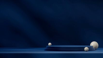 Dark blue scene minimal podium with green sphere 3d rendering mockup in landscape layout
