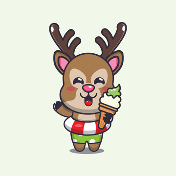 Cute deer with ice cream on beach cartoon illustration.