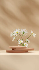 Daisy flower backdrop 3d rendering mockup cylinder stack podium portrait with brown tan background
