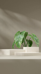 Mockup template 3d render image ceramic natural texture podium in portrait with green alocasia
