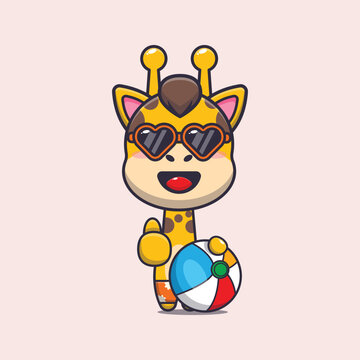Cute giraffe in sunglasses with beach ball cartoon illustration.