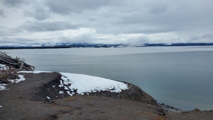lake, ocean, mountains, view, yellowstone