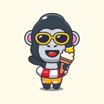 Cute gorilla with ice cream on beach cartoon illustration.