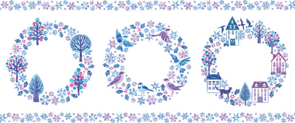 雪の結晶　冬のイラスト丸フレームセット①　（小鳥　街並み　森）