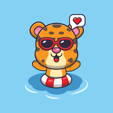 Cute leopard in sunglasses swimming on beach cartoon illustration.