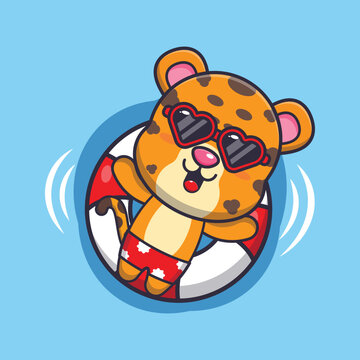 Cute leopard in sunglasses float with buoy.