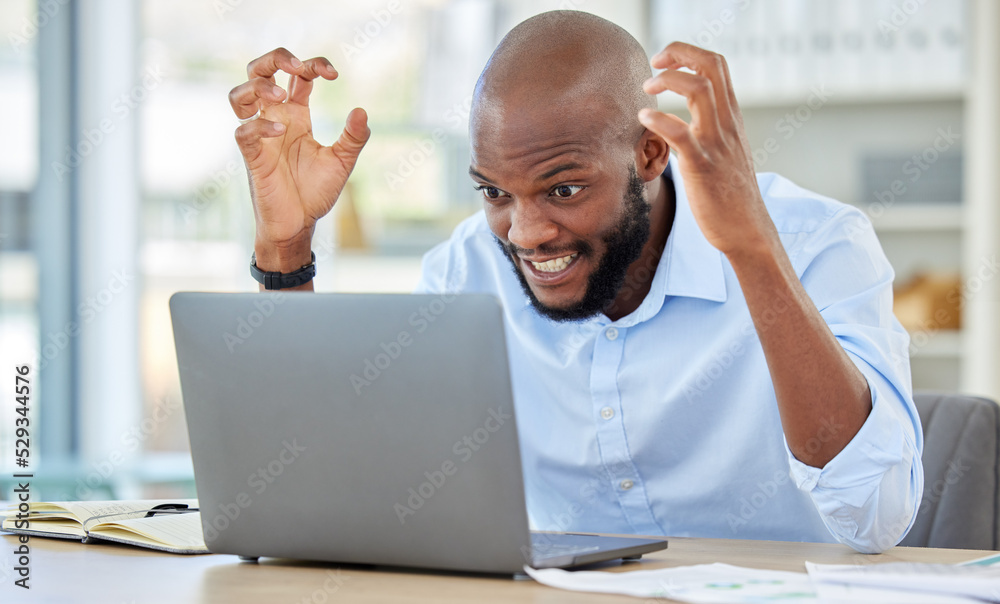 Poster laptop error, angry black man and internet stress, problem and 404 cyber scam. business person, mad 