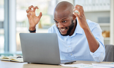 Laptop error, angry black man and internet stress, problem and 404 cyber scam. Business person, mad...