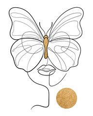 One line drawing woman face with butterfly covering her eyes. Minimalist art, elegant female portrait with golden elements. Continuous line illustration