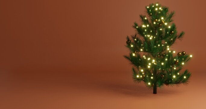 background design with christmas themed pine tree and accessories, free space on left, 3d rendering and 4K size