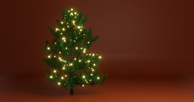 background design with a Christmas theme that is identical to a pine tree with its accessories, free space on the right, 3d rendering, and 4K size