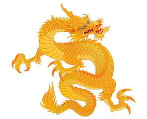 Oriental dragon color illustration Chinese Japanese Korean style transparent backgroundgolden yellow simple