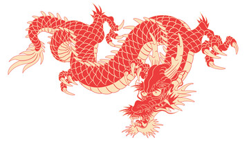 Oriental dragon color illustration Chinese Japanese Korean style transparent backgroundSimple light red color and descending dragon