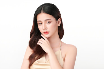 Naklejka premium Beautiful young asian woman with clean fresh skin on white background, Face care, Facial treatment, Cosmetology, beauty and spa, Asian women portrait.