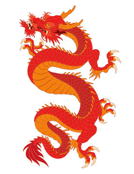 Oriental dragon color illustration Chinese Japanese Korean style transparent backgroundRed-orange color and ascending long dragon