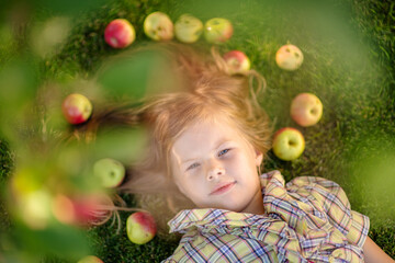 Fototapeta na wymiar Little girl lying on the grass with scattered apples top view