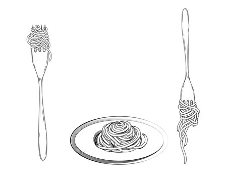 Hand drawn sketch black and white of pasta, spaghetti, fork. Vector illustration. Elements in graphic style label, sticker, menu, package. Engraved style illustration.