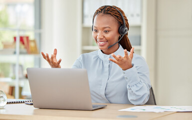 Black woman, call center and laptop webinar for workshop training on zoom meeting in company or...