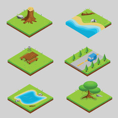 3d isometric nature elements. Forests and city parks of trees and plants. Vector map graphics. Wood and green garden part of nature, eco nature isometric illustration