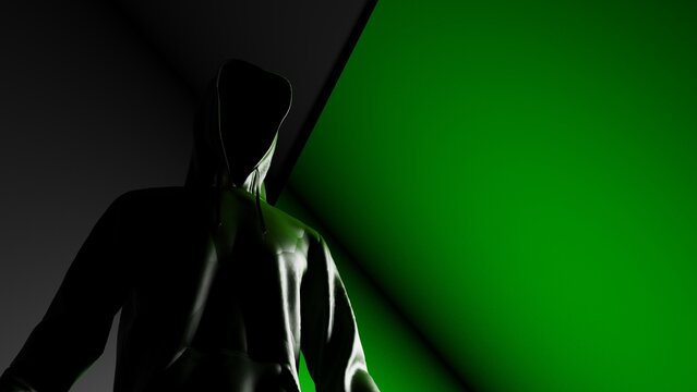 Anonymous hacker with green color hoodie in shadow under deep black-green background. Dangerous criminal concept image. 3D CG. 3D illustration. 3D high quality rendering.