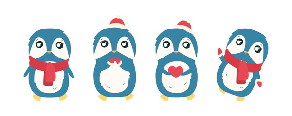 Penguin in red mittens and hat. Cute Christmas penguin character. Vector illustration isolated in white background