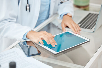 Office, mockup and hands of doctor with tablet browse, search and reading hospital medical...