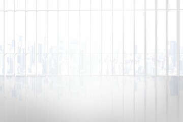 White room with large window overlooking city