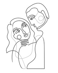 One line drawing couple portrait. Minimalist art, abstract man and woman looking at each other. Continuous line vector illustration