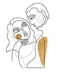 One line drawing couple portrait decorated with golden elements. Minimalist art, abstract man and woman looking at each other. Continuous line illustration - 529349191