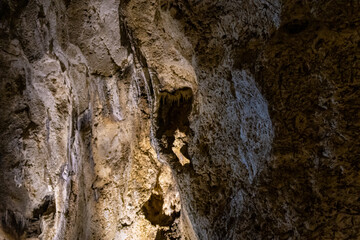 A cave  with stalagmites and stalactites in which a caveman lived in a national reserve - Nahal Mearot Nature Preserve, near Haifa, in northern Israel