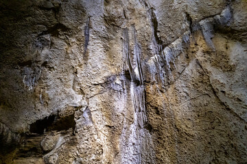 A cave  with stalagmites and stalactites in which a caveman lived in a national reserve - Nahal Mearot Nature Preserve, near Haifa, in northern Israel