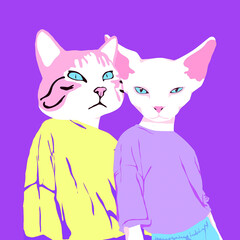 Fashion minimal illustration. Stylish Couple Cats. Casual urban look