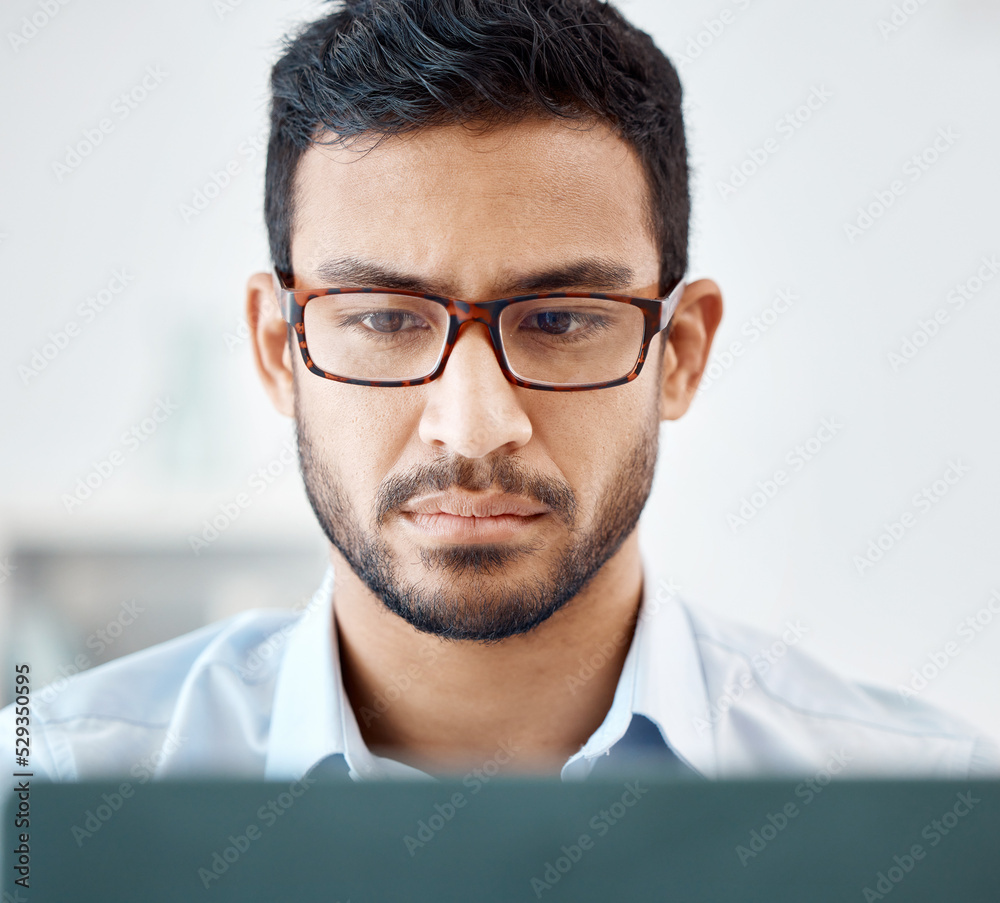 Fototapete Asian man, laptop or thinking web developer with glasses planning cyber security software, website seo or database code. Zoom on face, office programmer or ux designer with innovation iot coding idea