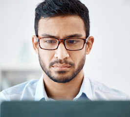 Asian man, laptop or thinking web developer with glasses planning cyber security software, website...