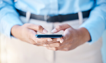 Mobile phone hands, business woman and digital contact, communication and texting on smartphone tech. Closeup person typing, reading apps and internet connecting with online technology notification