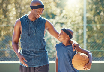 Happy father, son and basketball of black people ready for a match, teaching and learning in a...