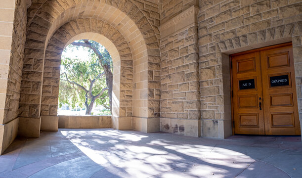 Original Walls At Stanford University. The Historic University Features Sandstone Walls With Thick Romanesque Features