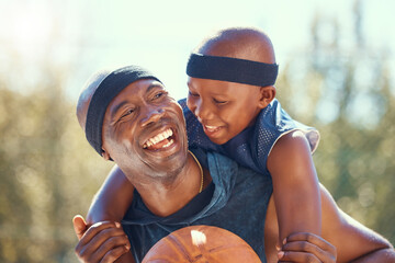 Basketball, sports and happy father and child bonding and playing after training, exercise and fun workout. Family, black fun dad teaching son, learning how to play sport on a basketball court