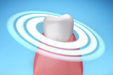 Fluoride protect healthy gum and healthy teeth on blue background. Dental toothpaste and protection. 3D rendering.