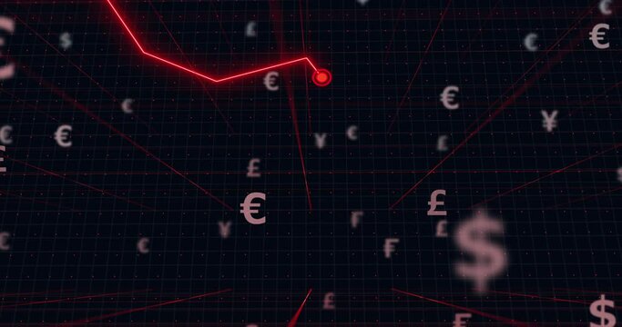 Red line chart falling in three-dimensional space that have currency symbols.