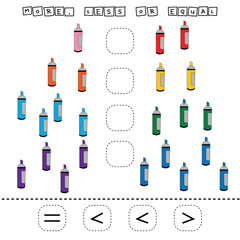 math problem: Greater, less, or equal. Count the number of cartoon markers and compare. Educational math game for children.
