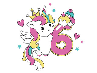 Fototapeta premium Cute unicorn collection in kawaii style with number six.Happy birthday concept for one month or one year. Vector illustration with a character for a greeting card, T-shirt, photo album, holiday 