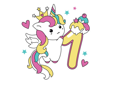 Cute unicorn collection in kawaii style with number One.Happy birthday concept for one month or one year. 
Vector illustration with a character for a greeting card, T-shirt, photo album, holiday
