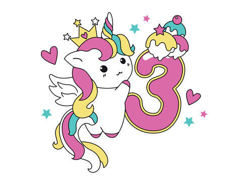 Cute unicorn collection in kawaii style with number three.Happy birthday concept for one month or one year. 
Vector illustration with a character for a greeting card, T-shirt, photo album, holiday
