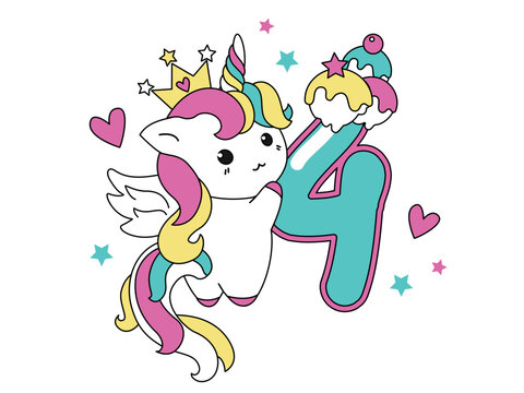 Cute unicorn collection in kawaii style with number four.Happy birthday concept for one month or one year. 
Vector illustration with a character for a greeting card, T-shirt, photo album, holiday
