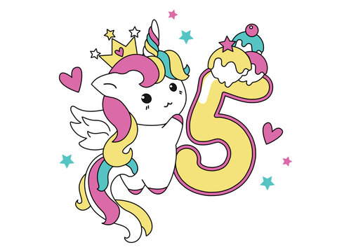 Cute unicorn collection in kawaii style with number five.Happy birthday concept for one month or one year. 
Vector illustration with a character for a greeting card, T-shirt, photo album, holiday
